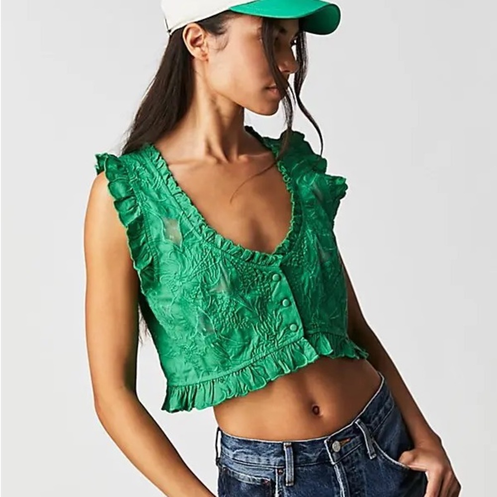 Free People All The Ways Green Lace Ruffle Top
